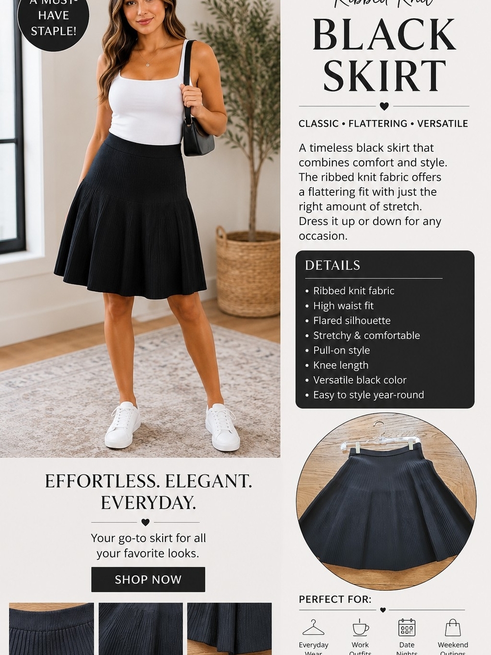 Olivaceous Black Ribbed Knit Flared Skirt